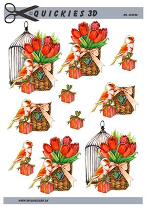 Fugl og røde tulipaner, 3d ark - Quickies.